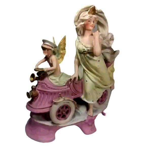 Antique  c1900 Cherub Angel Chauffeur Driving Woman Goddess Vintage Car Figurine - Picture 15 of 16